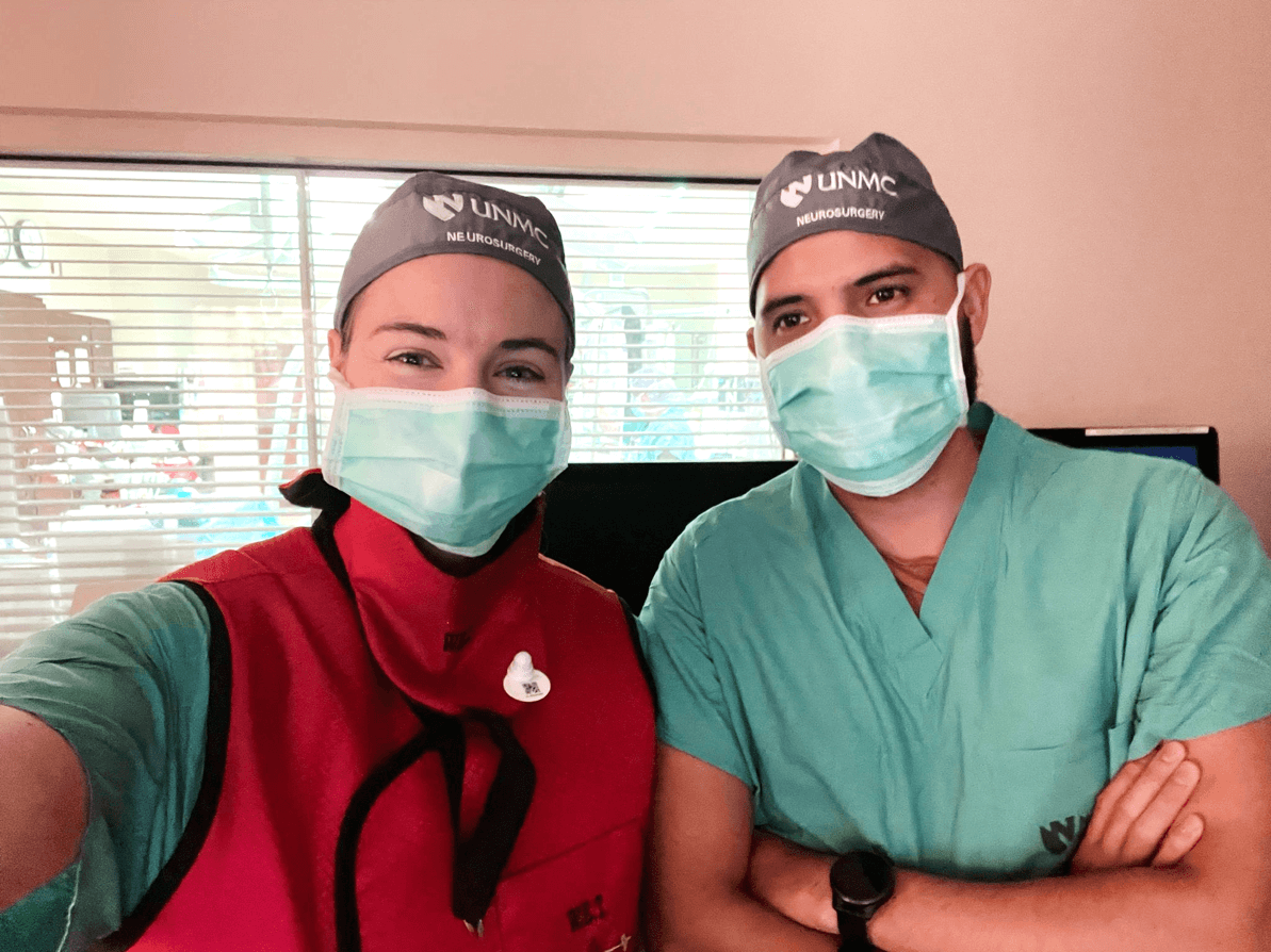 Neurobionics founders, MJ and Nicki, wearing surgical masks.